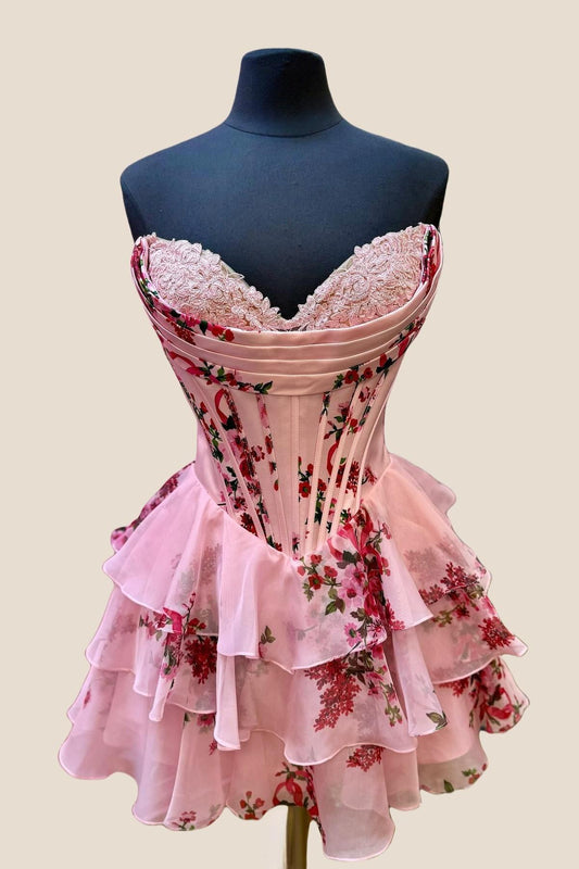 Strapless Blue Floral Corset A-line Short Ruffle Dress