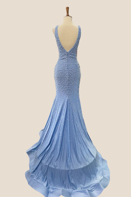 V Neck Beaded Blue Mermaid Long Formal Dress