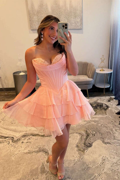 Sweetheart Fuchsia Corset A-line Chiffon Short Homecoming Dress