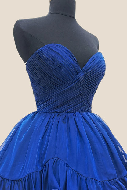 Royal Blue Ruched Chiffon A-line Short Ruffle Dress