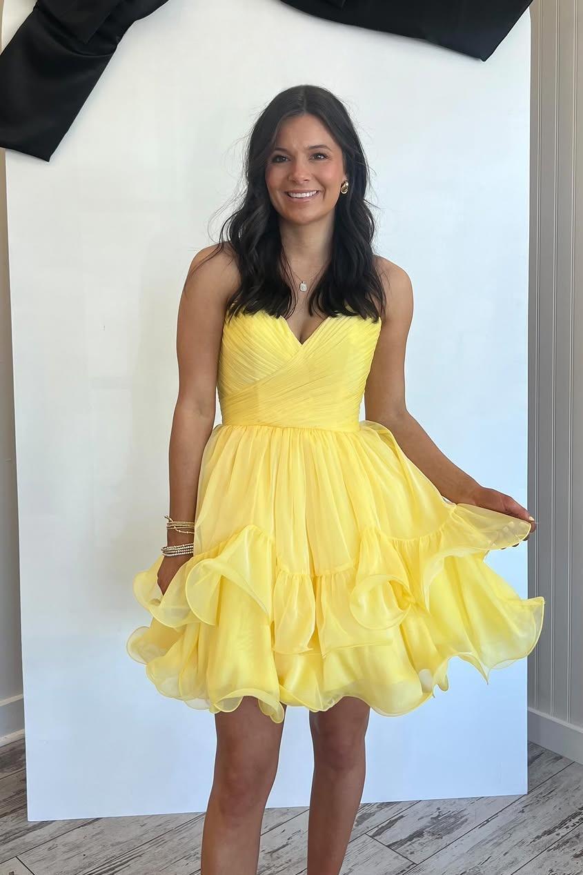 Royal Blue Ruched Chiffon A-line Short Ruffle Dress