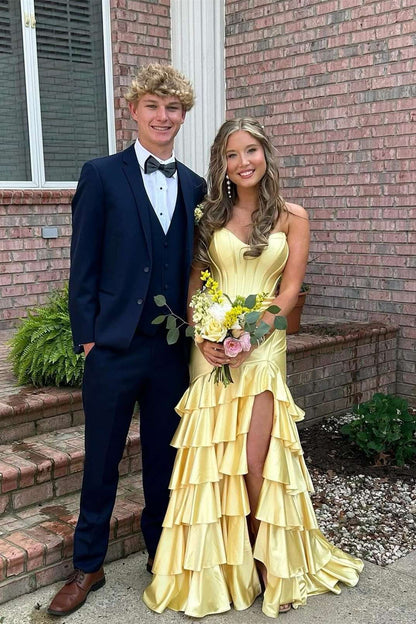 Strapless Sage Green Tiered Long Dress with Slit