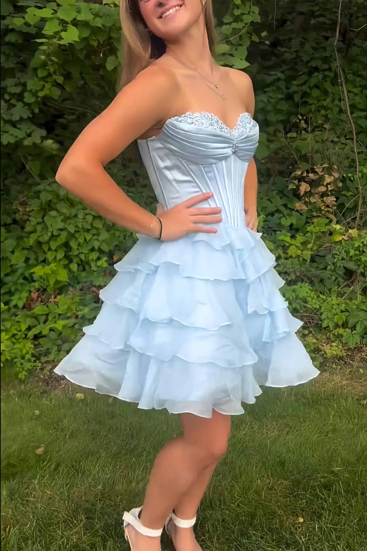 Appliques Neck Light Blue Corset Tiered Short Dress