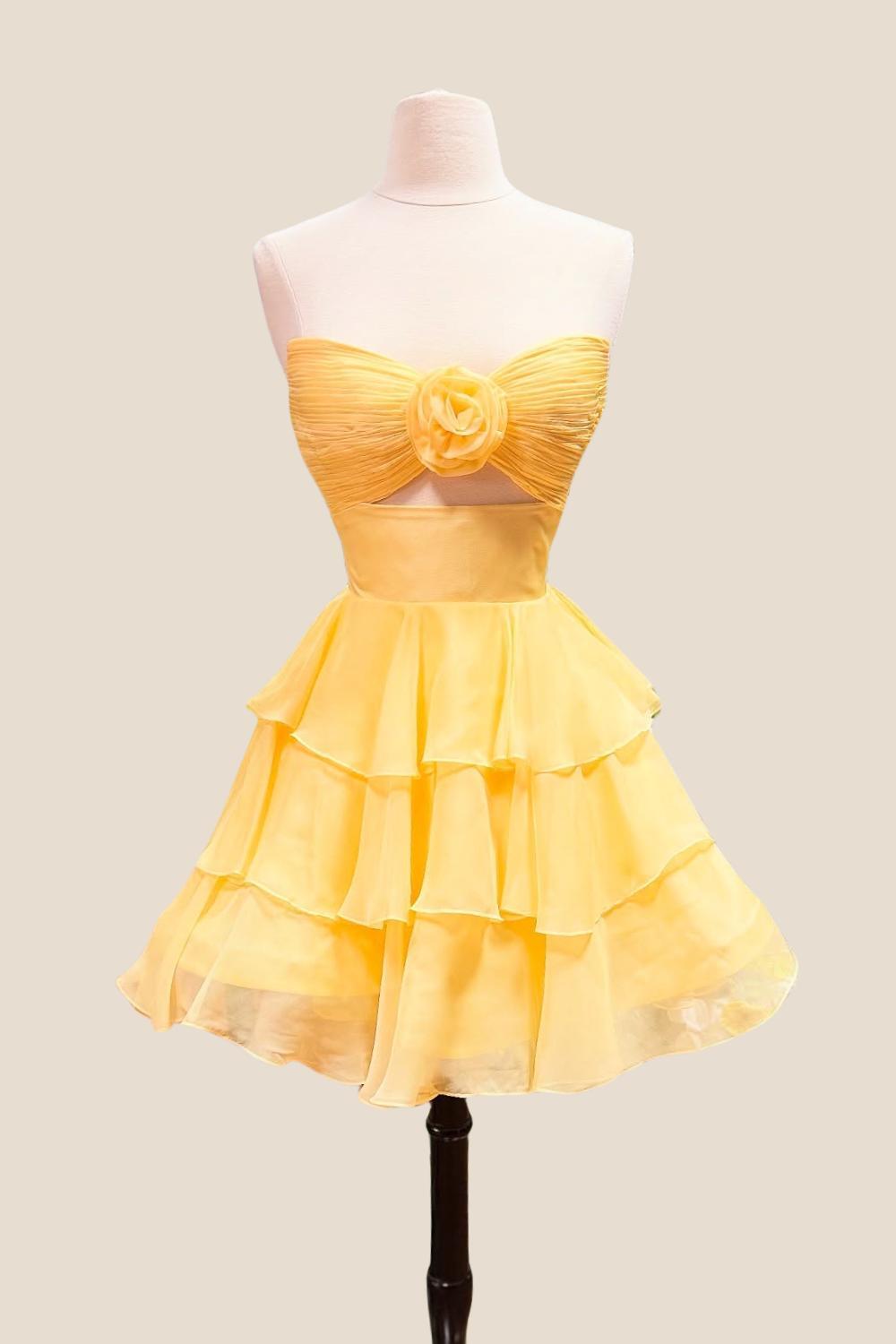 Strapless Blue Pleated Tiered Short Dress with Rosette