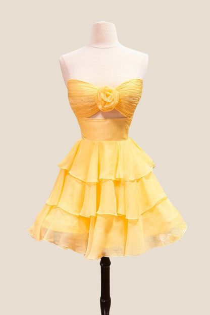 Strapless Blue Pleated Tiered Short Dress with Rosette