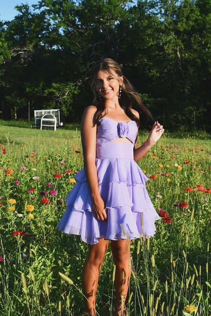 Strapless Blue Pleated Tiered Short Dress with Rosette