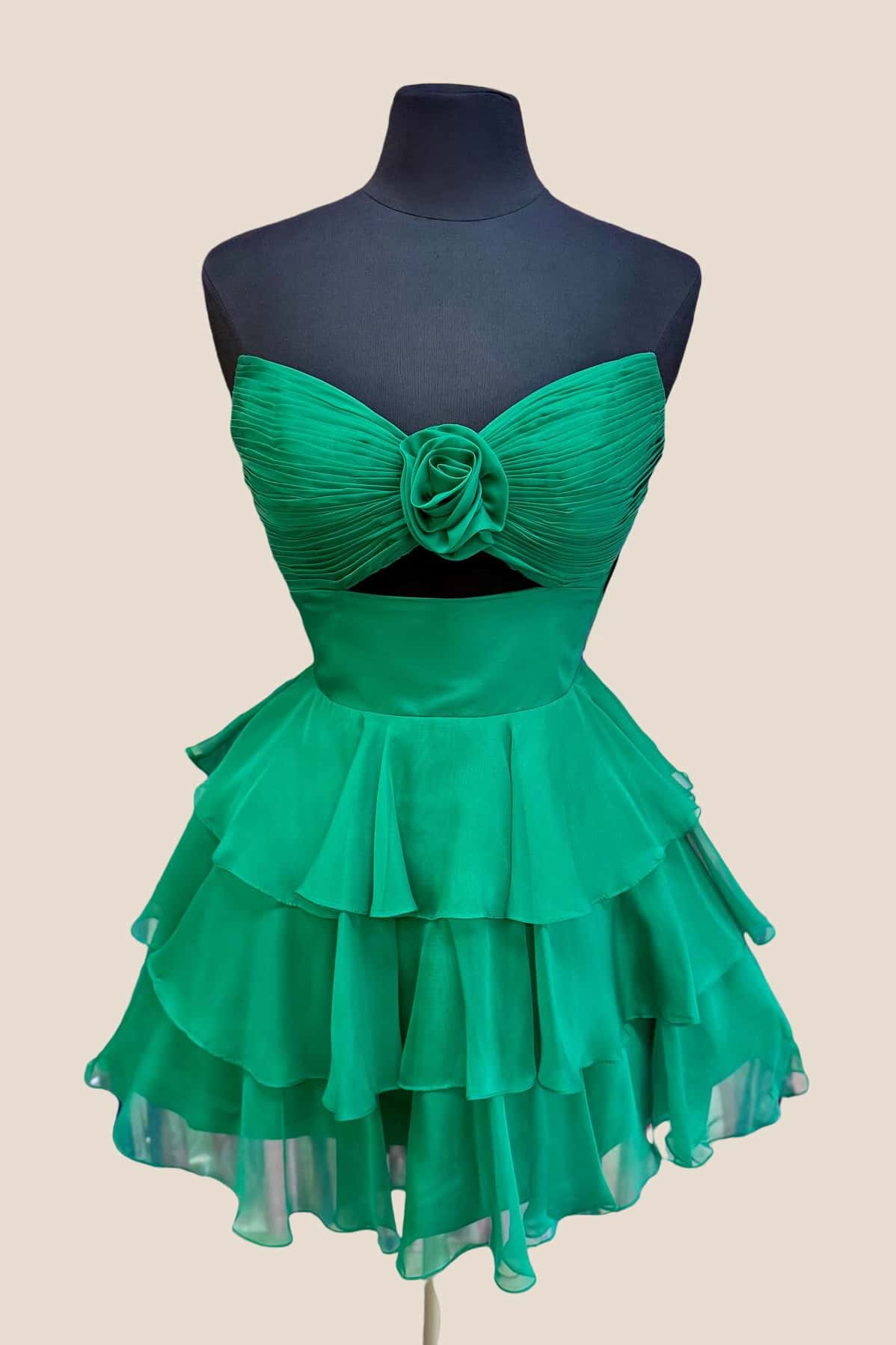 Strapless Blue Pleated Tiered Short Dress with Rosette