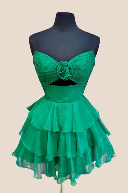 Strapless Blue Pleated Tiered Short Dress with Rosette