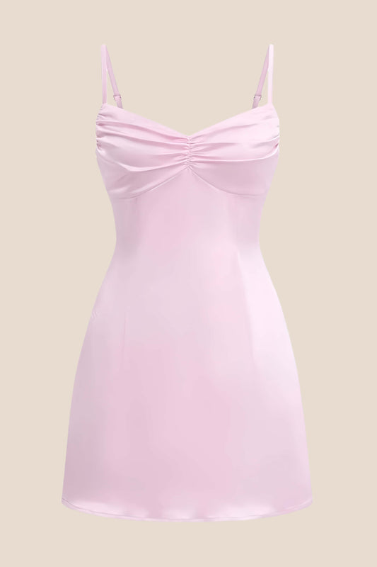 Straps Yellow Ruched Satin Short Dress
