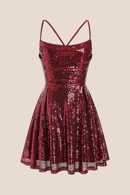 Square Neck Lilac Ruched Sequin Short Dress