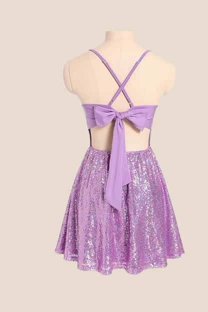 Square Neck Lilac Ruched Sequin Short Dress