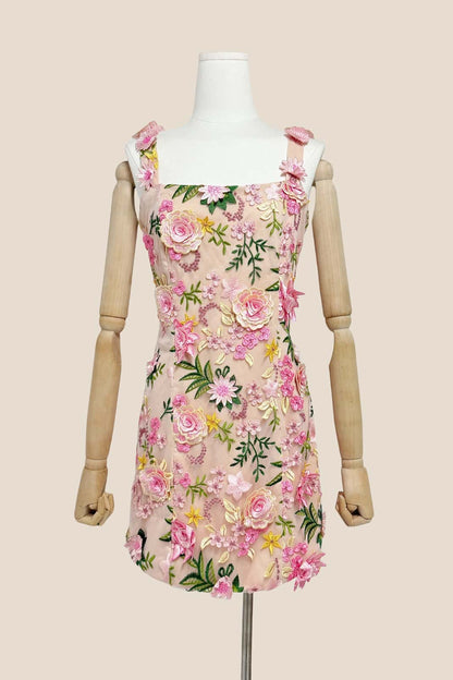 Square Neck Pink 3D Floral A-line Short Dress