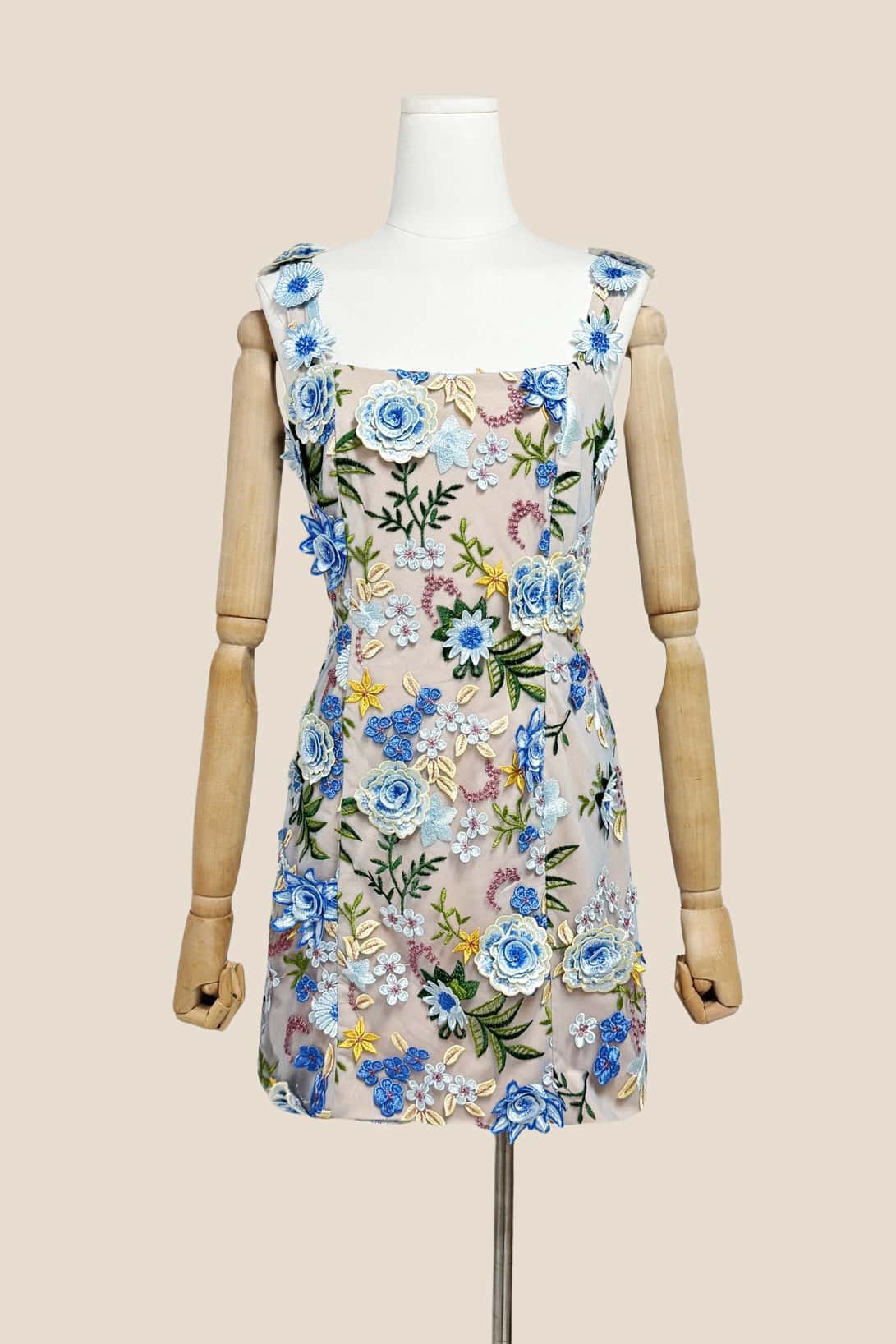 Square Neck Pink 3D Floral A-line Short Dress