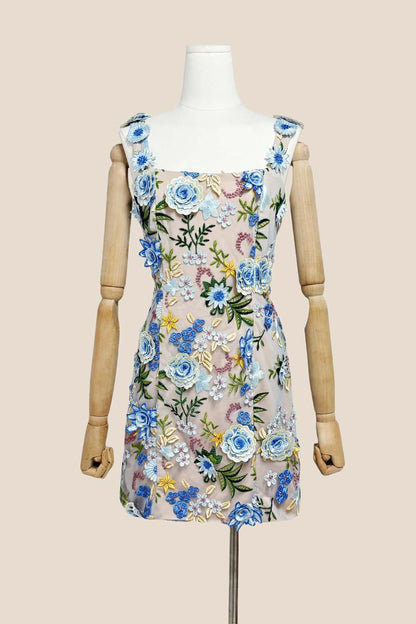 Square Neck Pink 3D Floral A-line Short Dress