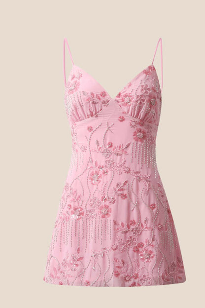Red Beaded Straps Fitted Mini Dress