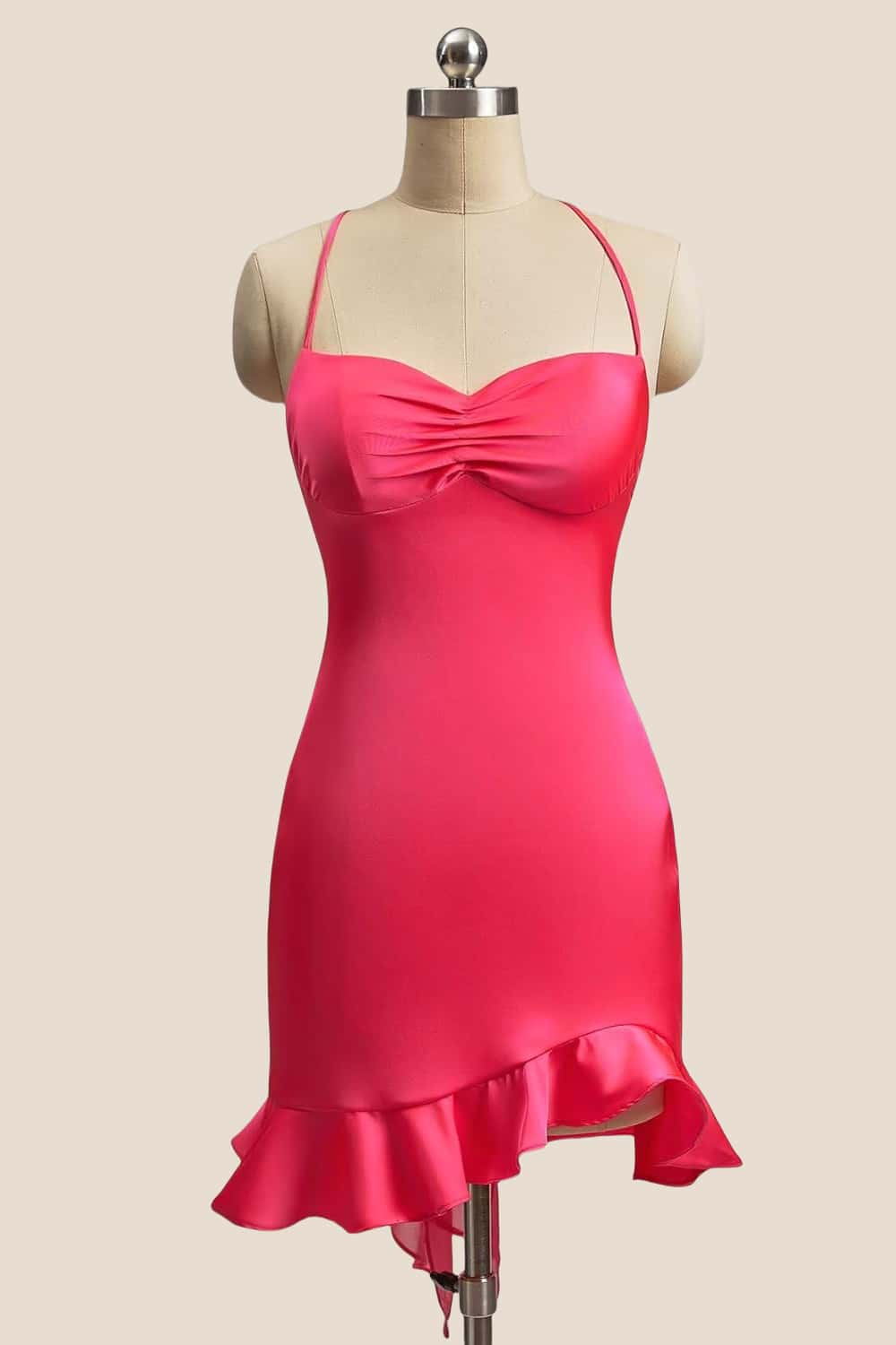 Straps Hot Pink Ruched Ruffle Fitted Dress