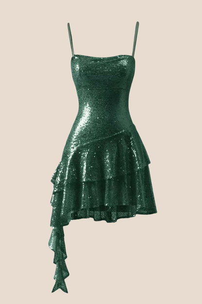 Straps Dark Green Sequin Ruffle A-line Dress
