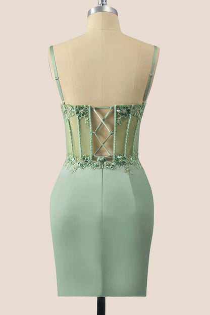 Straps Sage Green Appliques Ruched Tight Dress