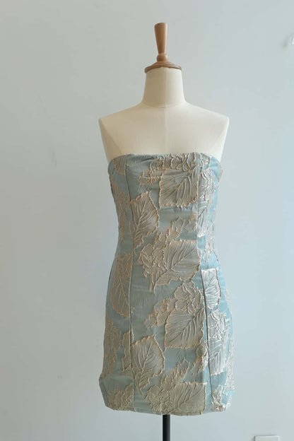 Strapless Blue and Gold Fitted Short Dress