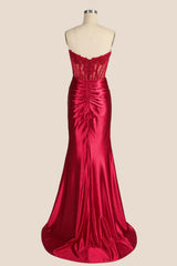 Red Satin Ruched Fitted Slit Formal Dress