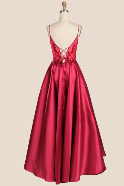 Royal Blue Straps Appliques Satin A-line Gown