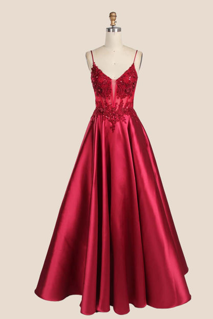 Royal Blue Straps Appliques Satin A-line Gown