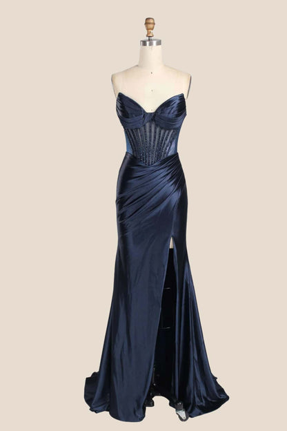 Red Beaded Ruched Satin Fitted Formal Dress