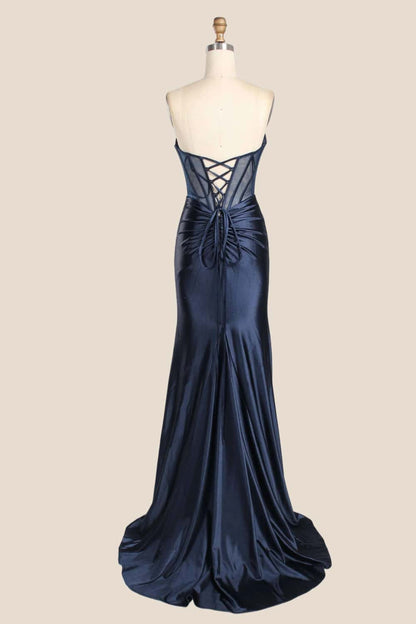Red Beaded Ruched Satin Fitted Formal Dress