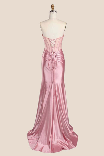 Red Beaded Ruched Satin Fitted Formal Dress