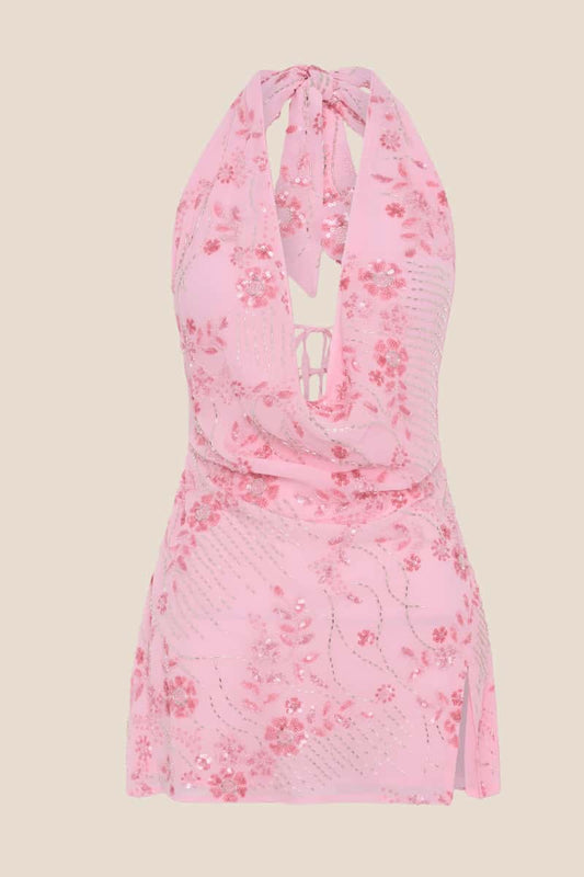 Pink Beaded Cowl Neck Short Dress