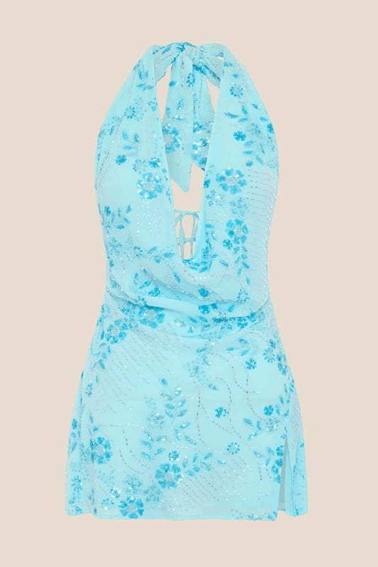 Pink Beaded Cowl Neck Short Dress