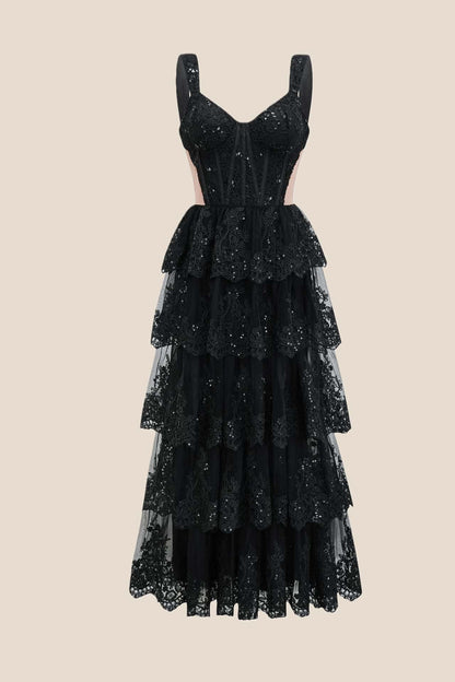 Pink Lace Appliques Ruffle A-line Formal Gown