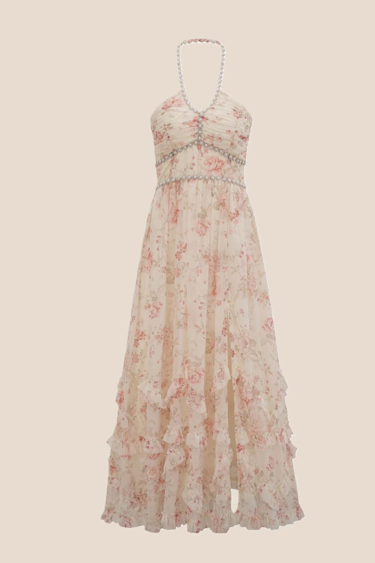 Pearls Halter Purple Floral Chiffon Long Dress