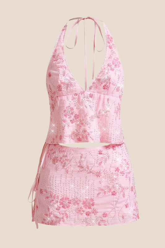 Two Piece Pink Beaded Short Dress