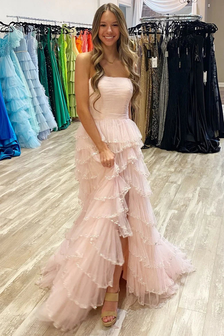 Light Blue Tulle Ruffle A-line Gown