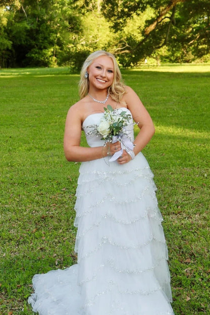 Light Blue Tulle Ruffle A-line Gown