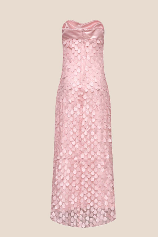 Pink Strapless Teardrop Applique Long Dress