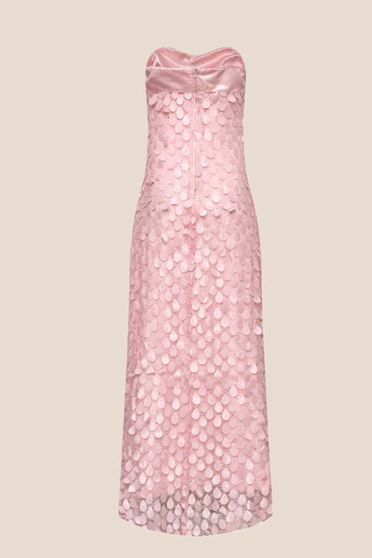 Blue Strapless Teardrop Lace Applique Long Dress