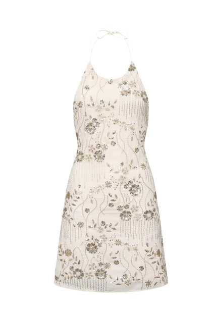 Halter Light Yellow Beaded Short Dress