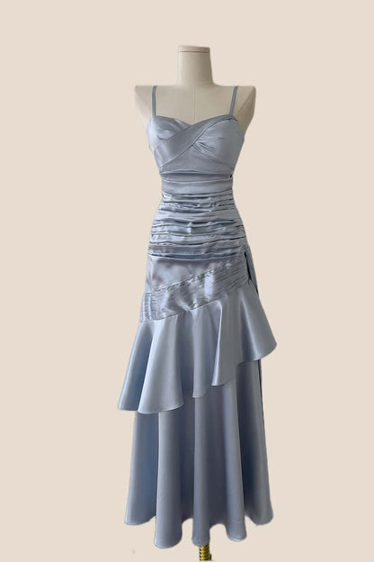 Blue Straps Ruched Mermaid Ruffle Long Dress