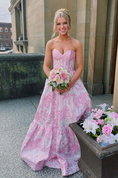 Pink Floral Jacquard Sweetheart A-line Dress