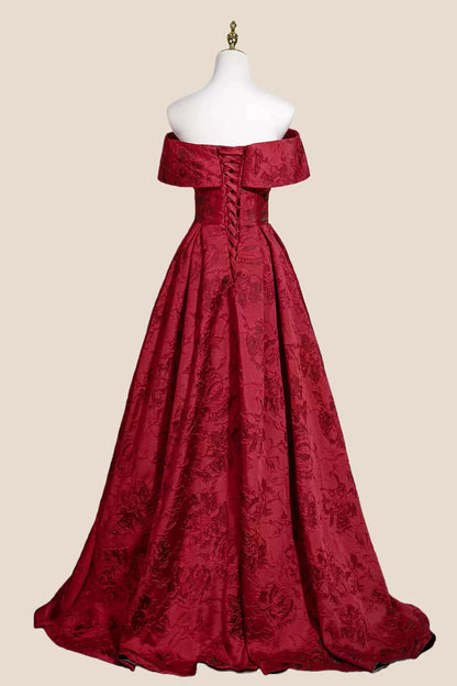 Ruched Off the Shoulder Red Floral Jacquard Gown