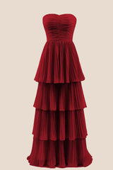 Blue Chiffon Pleated A-line Tiered Maxi Dress