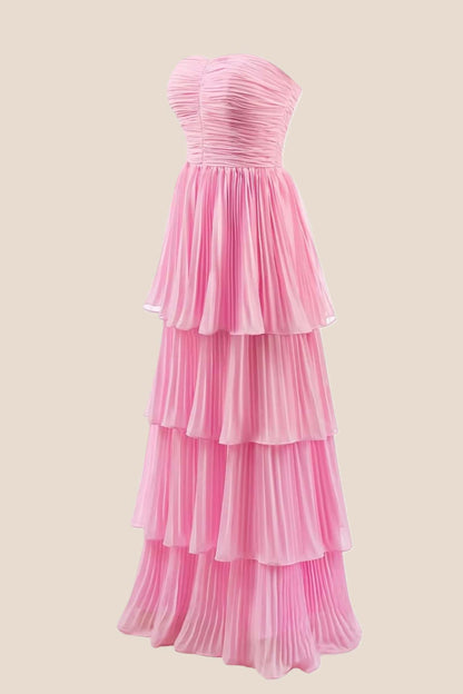 Blue Chiffon Pleated A-line Tiered Maxi Dress