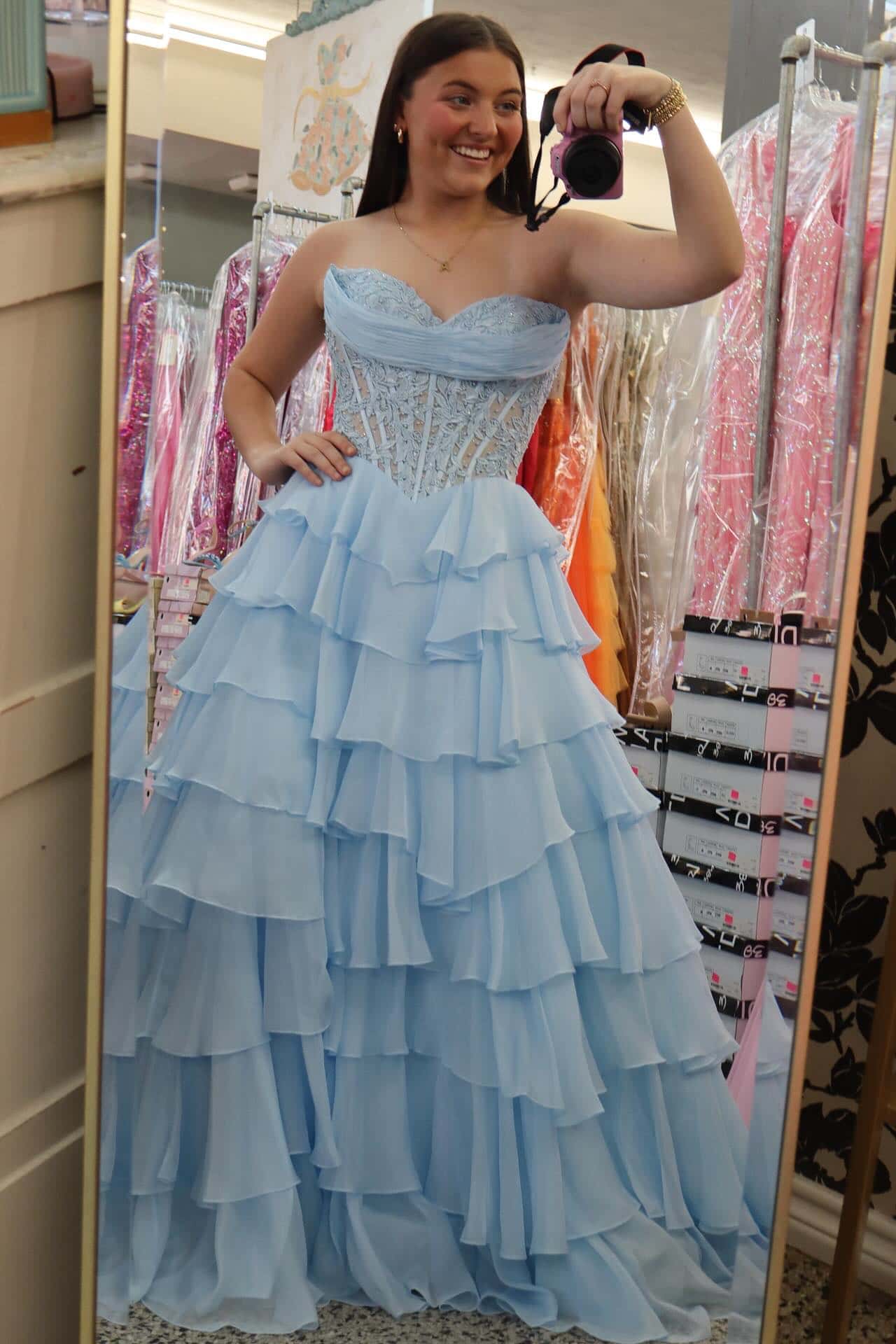 Pink Lace Corset Chiffon Ruffle Long Dress