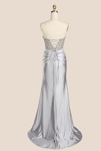 Rhinestones Silver Satin Ruched Fitted Long Formal Dress