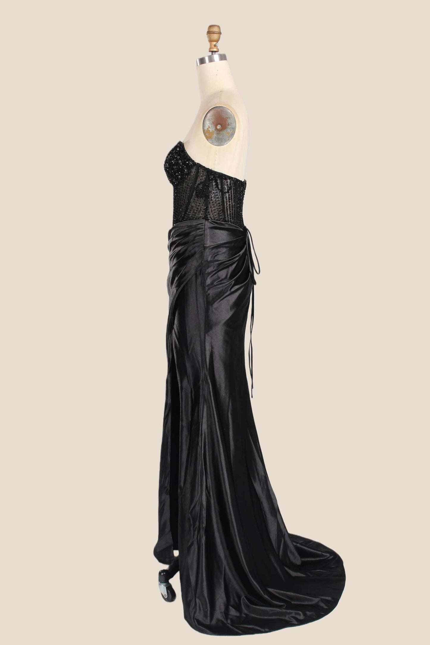 Rhinestones Black Satin Ruched Slit Long Dress