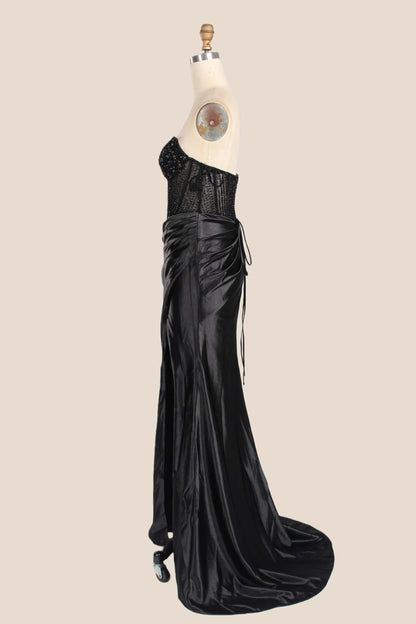 Rhinestones Black Satin Ruched Slit Long Dress