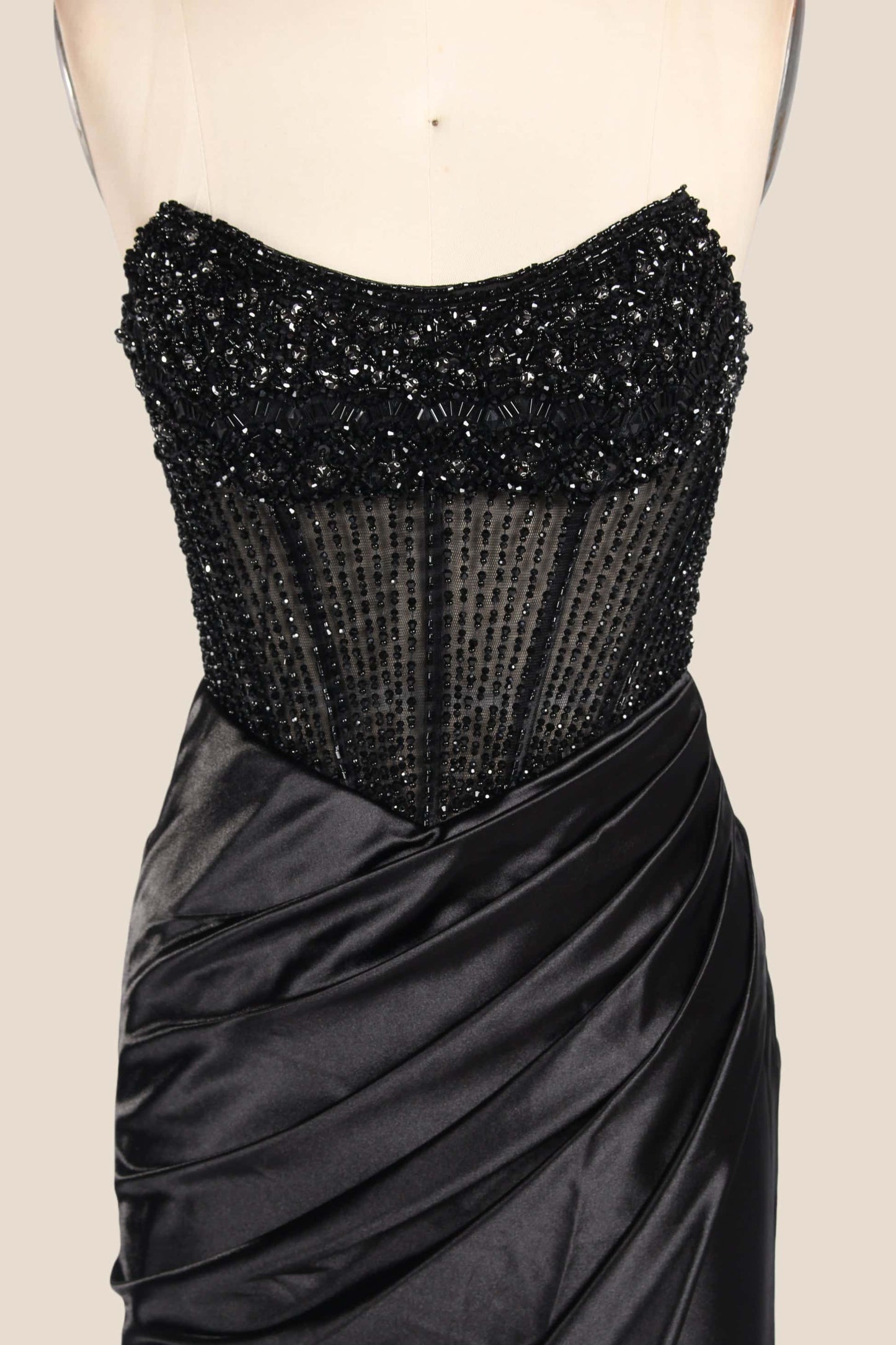 Rhinestones Black Satin Ruched Slit Long Dress