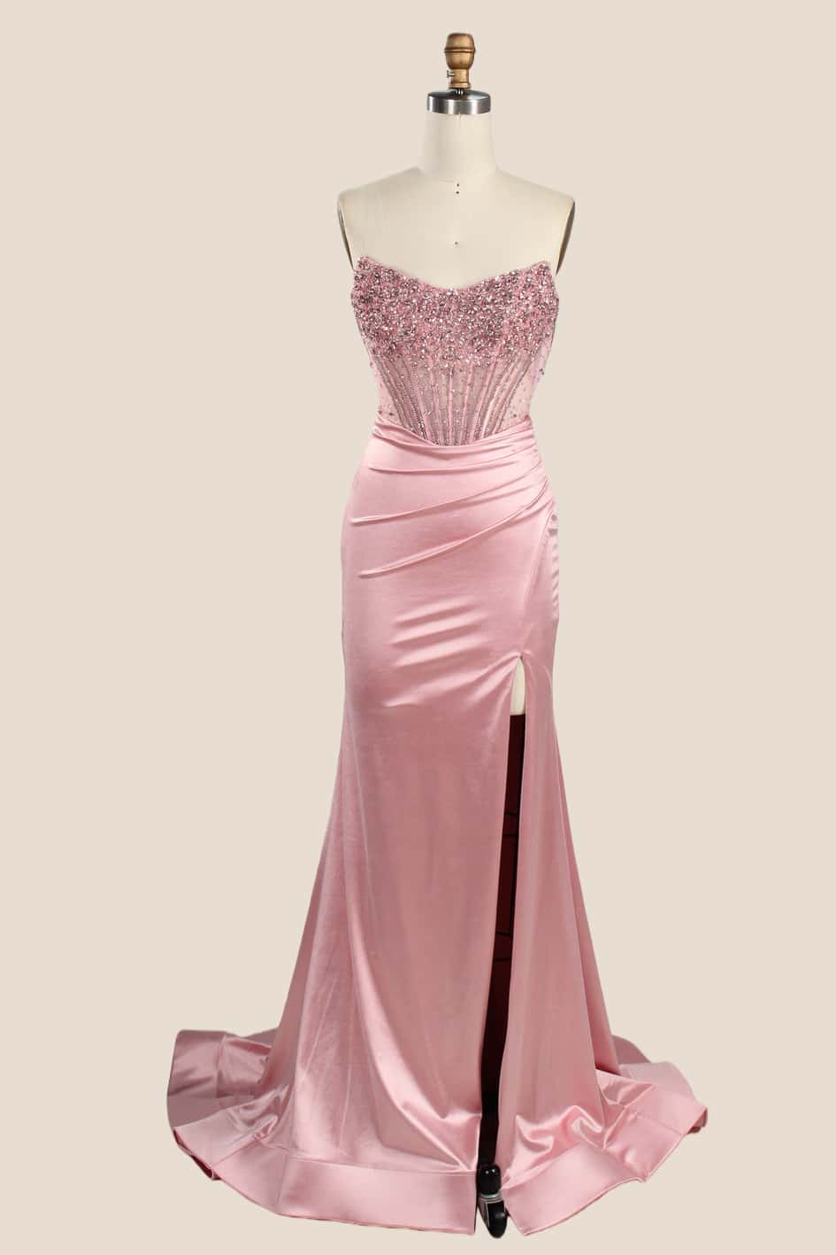Rhinestones Black Satin Ruched Slit Long Dress